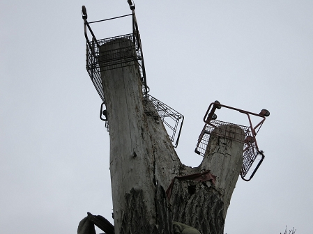 Über Baumspitzen gestülpte Einkaufswägen im Heidelberg Project